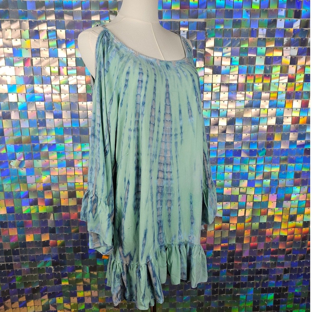 Tiare Hawaii Mini Dress Womens One Size Blue Green Tie Dye Cold Shoulder Ruffle